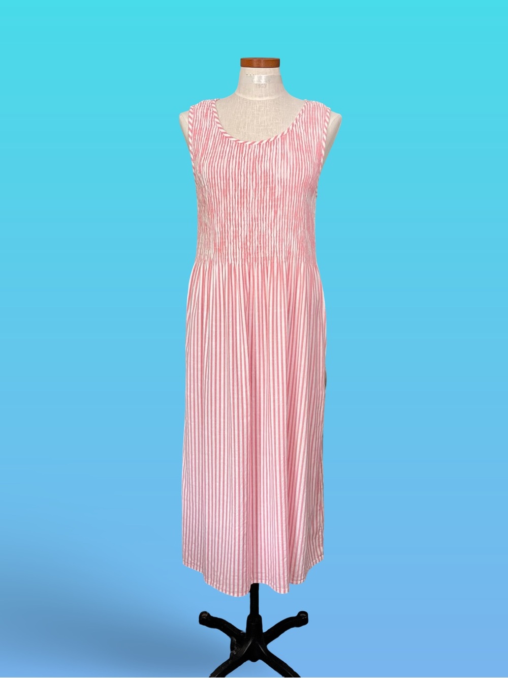 Croft & Barrow Sleeveless Midi Dress Smocked Bodice Pink Stripes Pockets SzL
